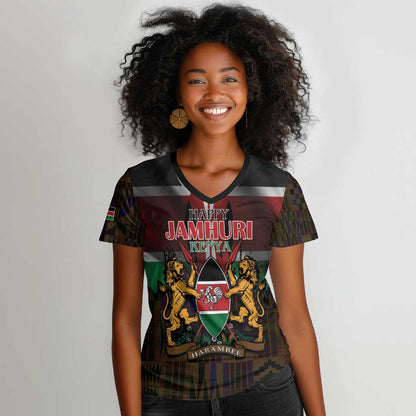 Kenya Jamhuri Day Women V-Neck T-Shirt Coat Of Arms With Kente Pattern - African Pride