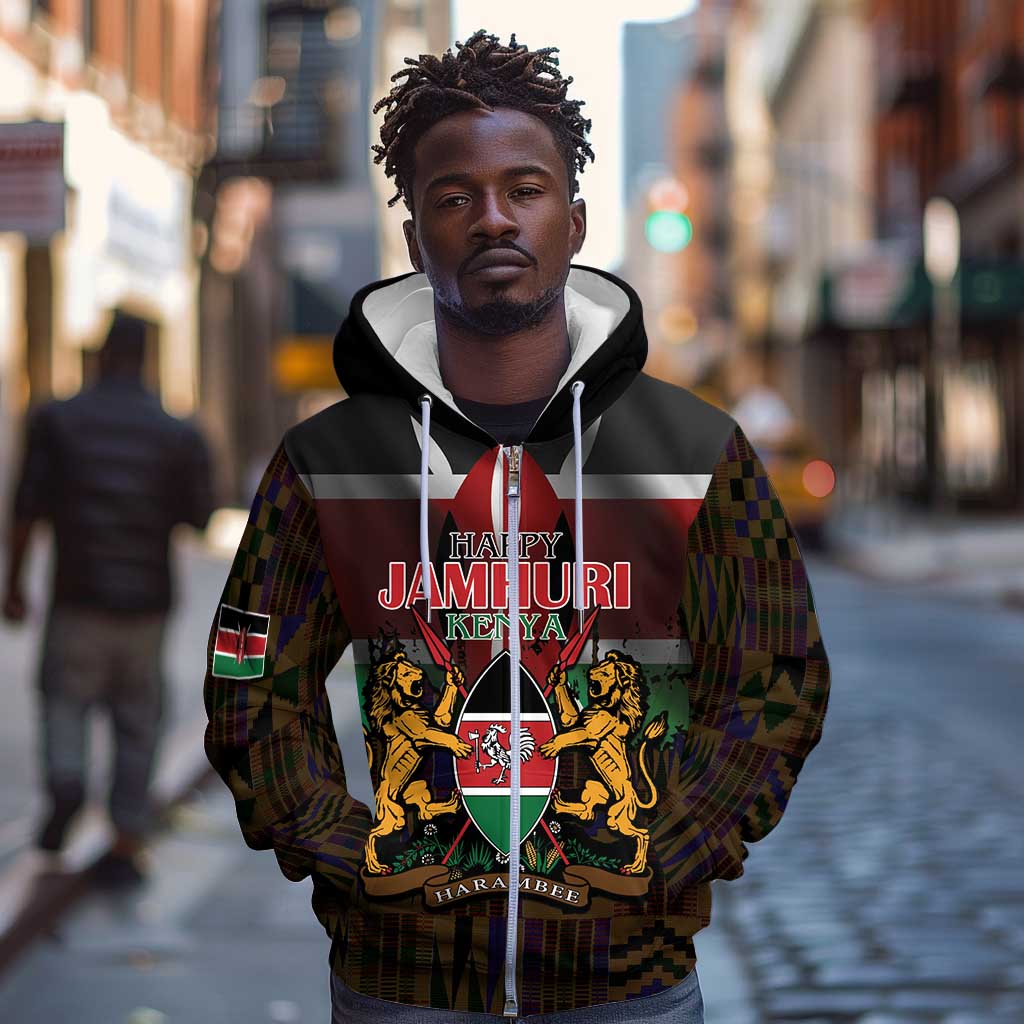 Kenya Jamhuri Day Zip Hoodie Coat Of Arms With Kente Pattern - African Pride