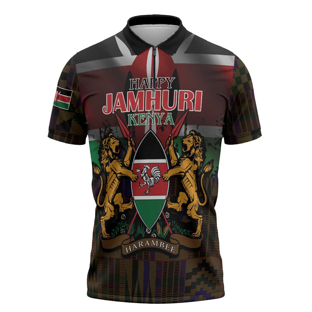 Happy Kenya Independence Day Zipper Polo Shirt Coat Of Arms With Kente Pattern