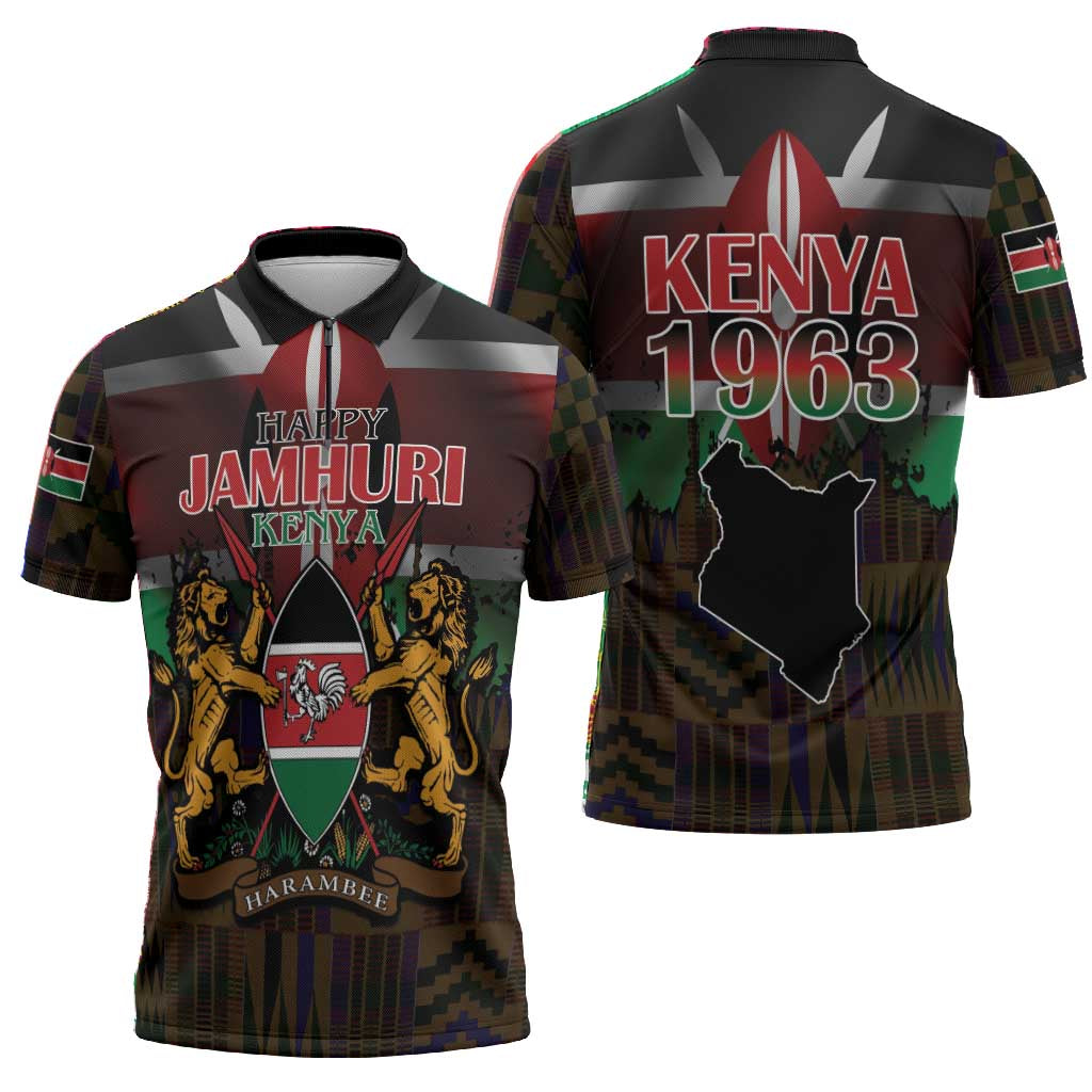 Happy Kenya Independence Day Zipper Polo Shirt Coat Of Arms With Kente Pattern
