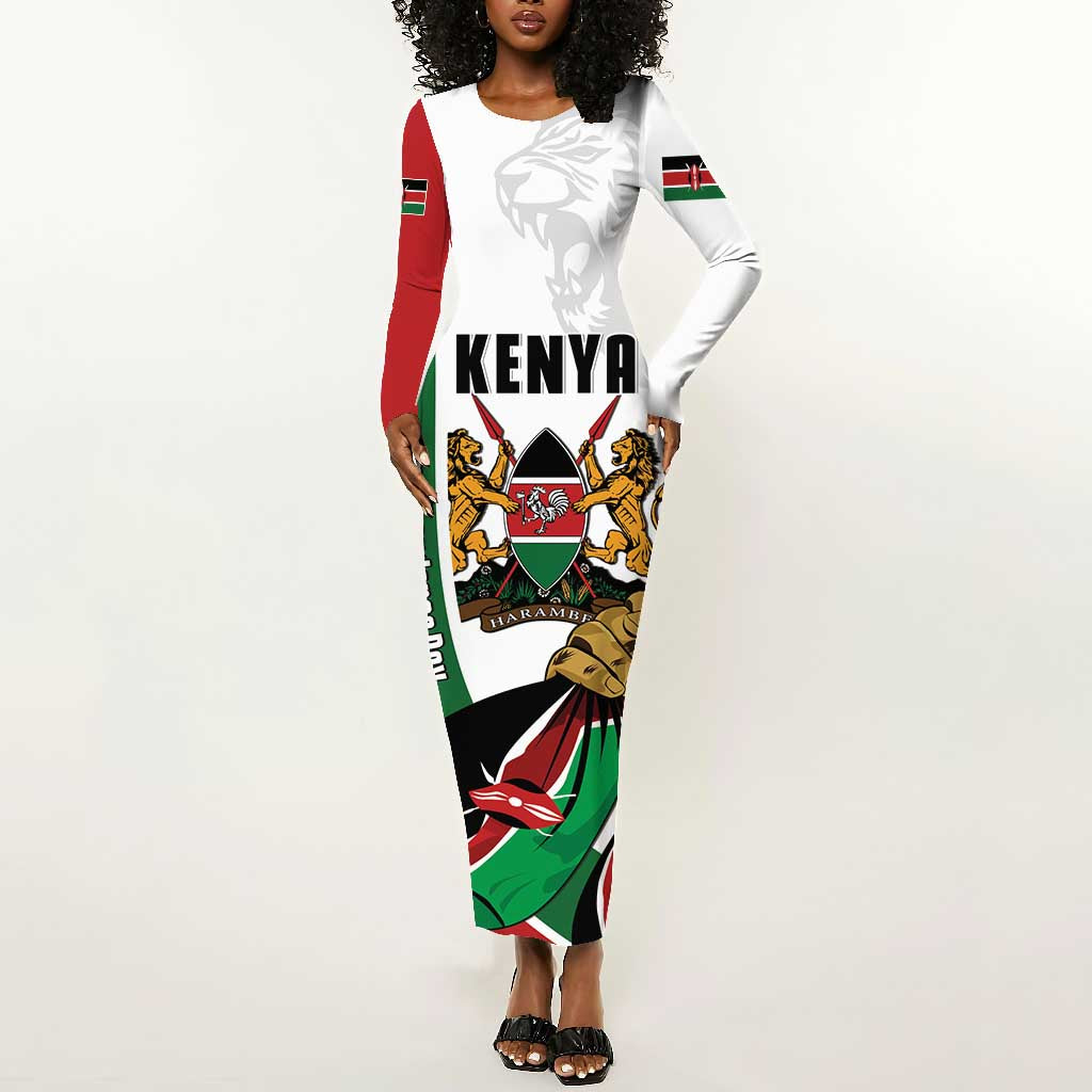 Personalized Kenya Independence Day Long Sleeve Bodycon Dress Lion With Coat Of Arms - African Pride