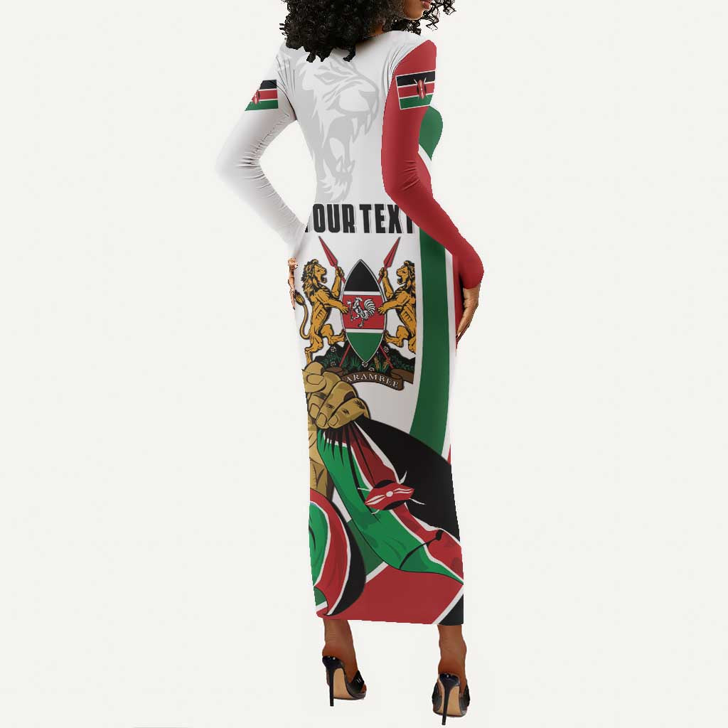 Personalized Kenya Independence Day Long Sleeve Bodycon Dress Lion With Coat Of Arms - African Pride