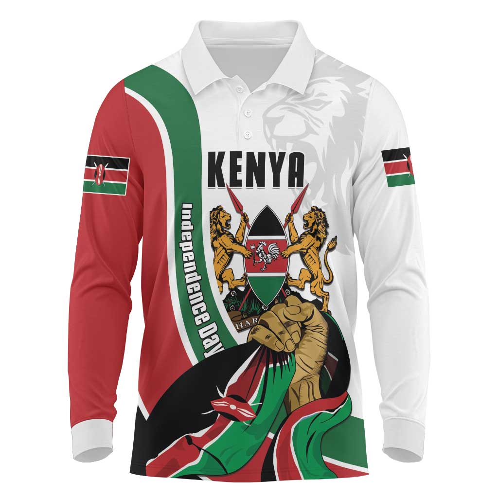 Personalized Kenya Independence Day Long Sleeve Polo Shirt Lion With Coat Of Arms - African Pride