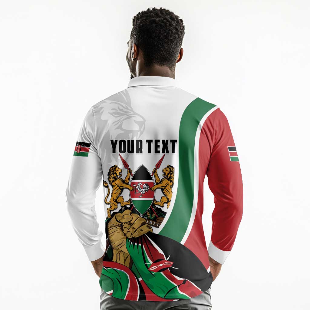 Personalized Kenya Independence Day Long Sleeve Polo Shirt Lion With Coat Of Arms - African Pride