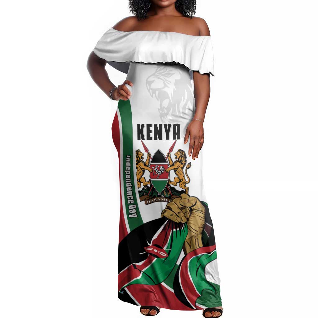 Personalized Kenya Independence Day Off Shoulder Maxi Dress Lion With Coat Of Arms - African Pride