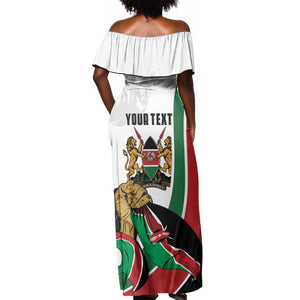 Personalized Kenya Independence Day Off Shoulder Maxi Dress Lion With Coat Of Arms - African Pride
