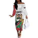 Personalized Kenya Independence Day Off The Shoulder Long Sleeve Dress Lion With Coat Of Arms - African Pride