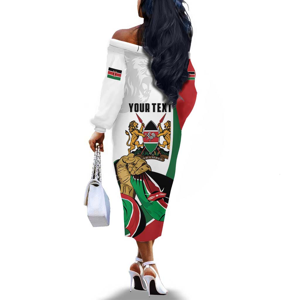 Personalized Kenya Independence Day Off The Shoulder Long Sleeve Dress Lion With Coat Of Arms - African Pride
