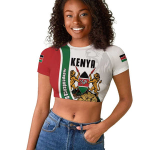 Personalized Kenya Independence Day Raglan Cropped T shirt Lion With Coat Of Arms - African Pride