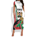 Personalized Kenya Independence Day Short Sleeve Bodycon Dress Lion With Coat Of Arms - African Pride