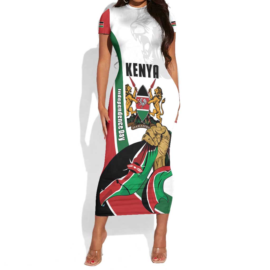 Personalized Kenya Independence Day Short Sleeve Bodycon Dress Lion With Coat Of Arms - African Pride