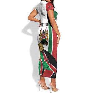 Personalized Kenya Independence Day Short Sleeve Bodycon Dress Lion With Coat Of Arms - African Pride