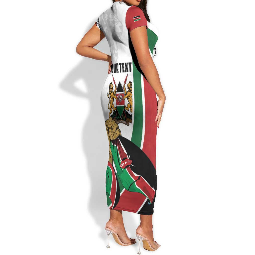 Personalized Kenya Independence Day Short Sleeve Bodycon Dress Lion With Coat Of Arms - African Pride