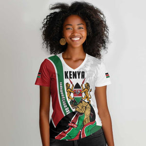 Personalized Kenya Independence Day Women V-Neck T-Shirt Lion With Coat Of Arms - African Pride