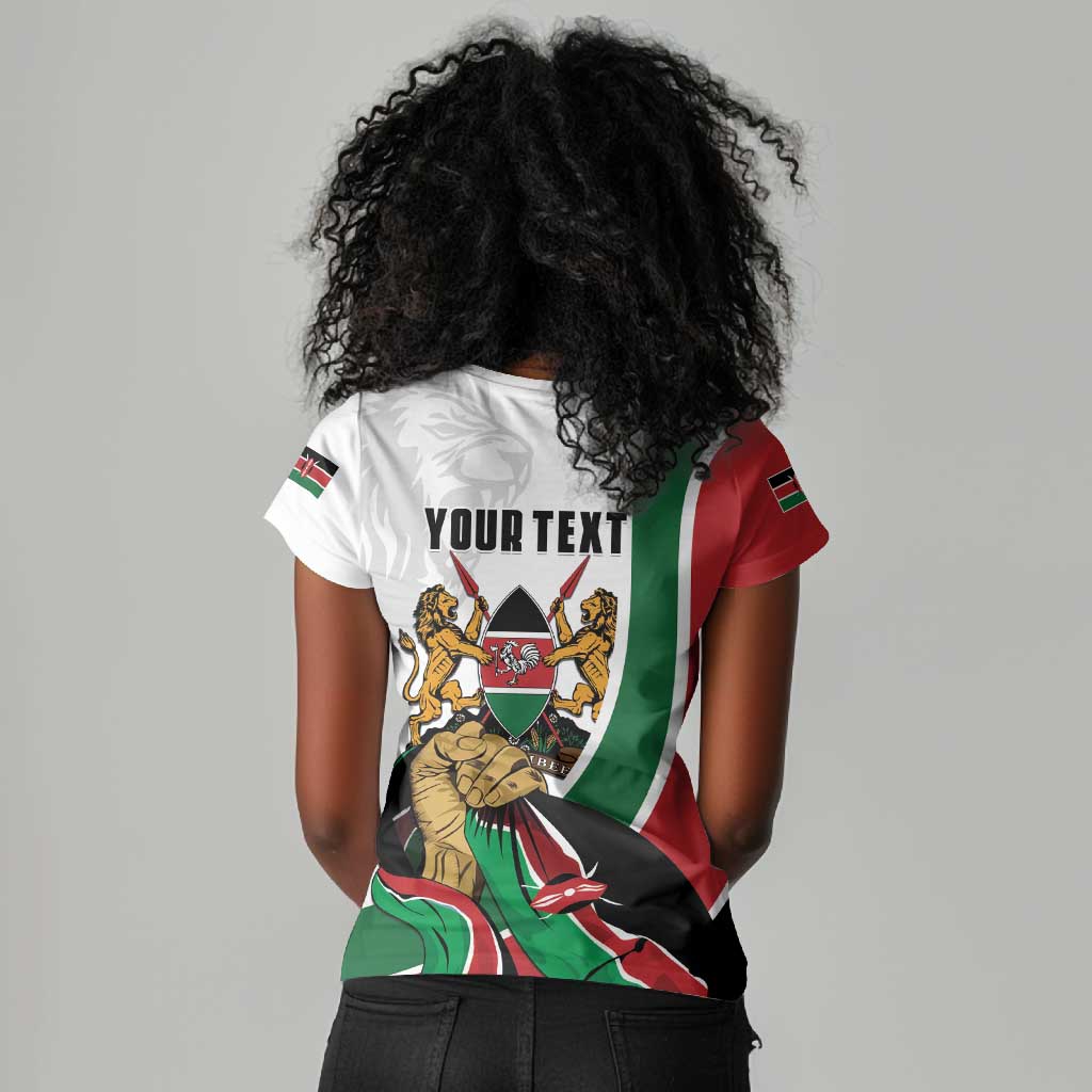 Personalized Kenya Independence Day Women V-Neck T-Shirt Lion With Coat Of Arms - African Pride