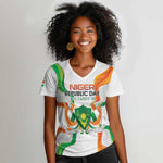 Personalized Jamhuriyar Nijar Republic Day Women V-Neck T-Shirt Coat Of Arms With Flag - African Pride