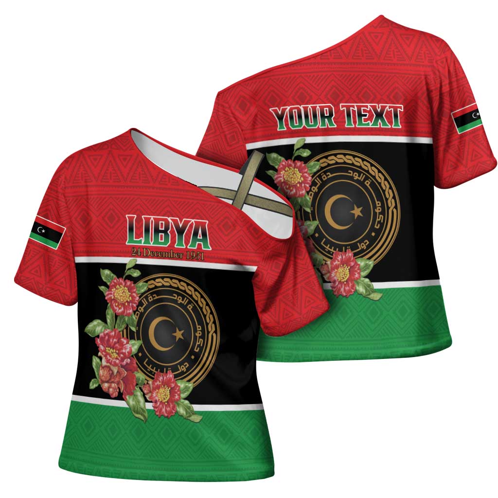 Personalized Libya Independence Day Cross Shoulder Shirt Pomegranate Blossom With Libyan Seal