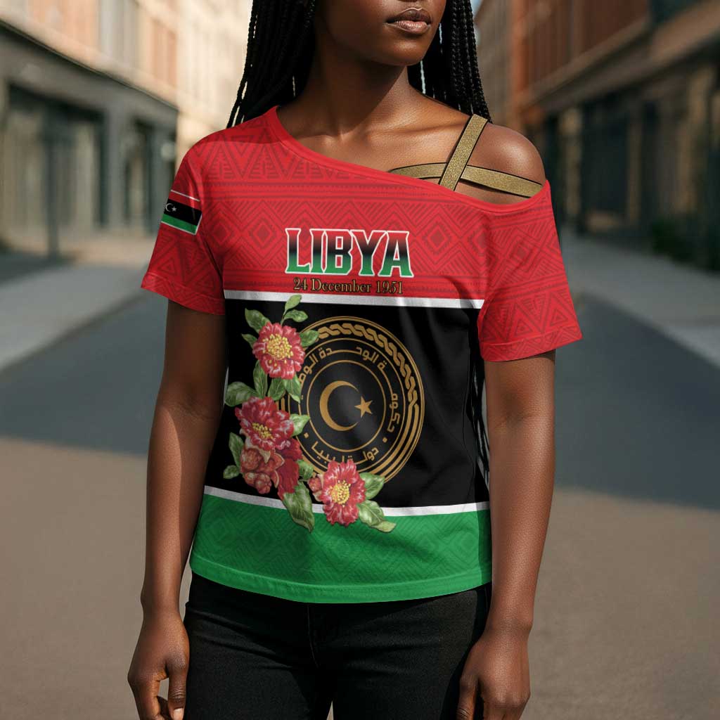 Personalized Libya Independence Day Cross Shoulder Shirt Pomegranate Blossom With Libyan Seal