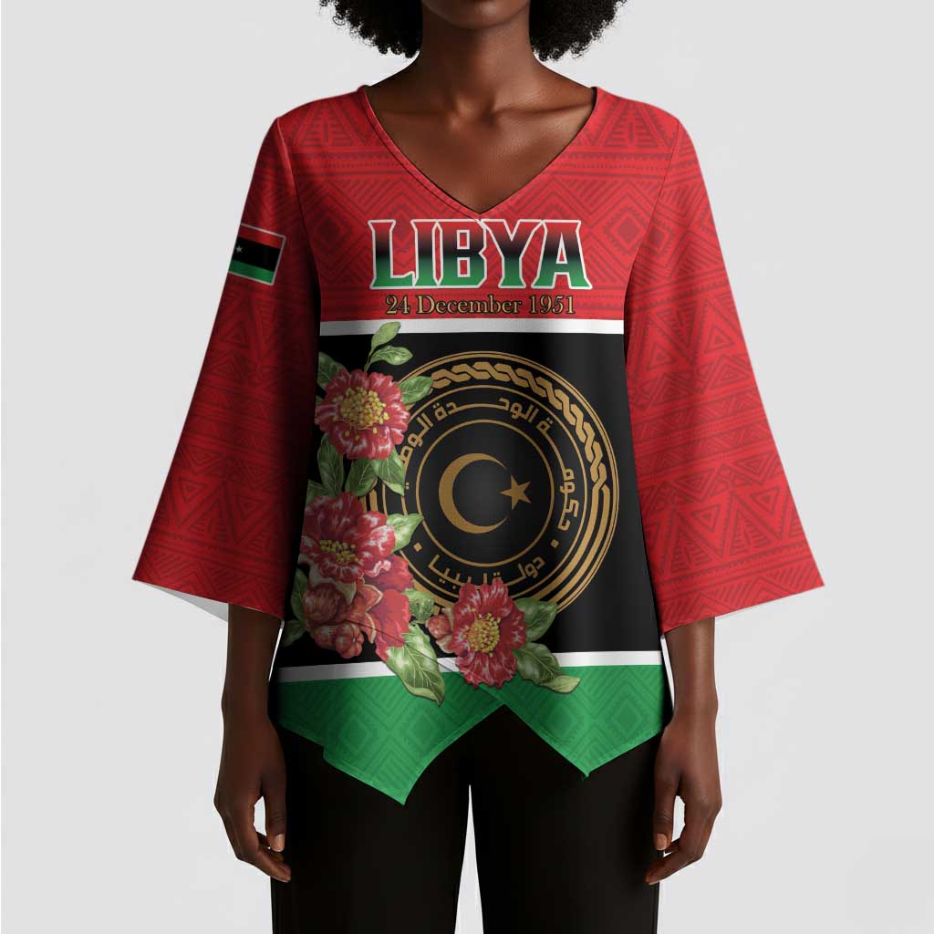 Personalized Libya Independence Day Kimono Sleeve Blouse Pomegranate Blossom With Libyan Seal