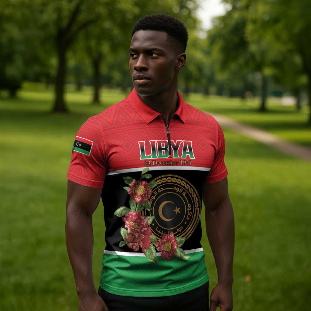Personalized Libya Independence Day Zipper Polo Shirt Pomegranate Blossom With Libyan Seal