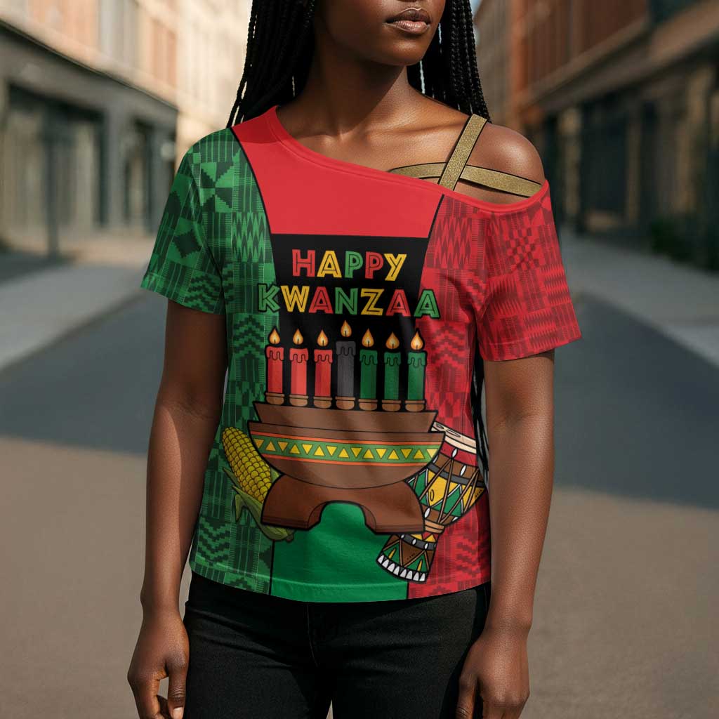 Personalized Happy Kwanzaa Cross Shoulder Shirt Kinara With Kente Pattern
