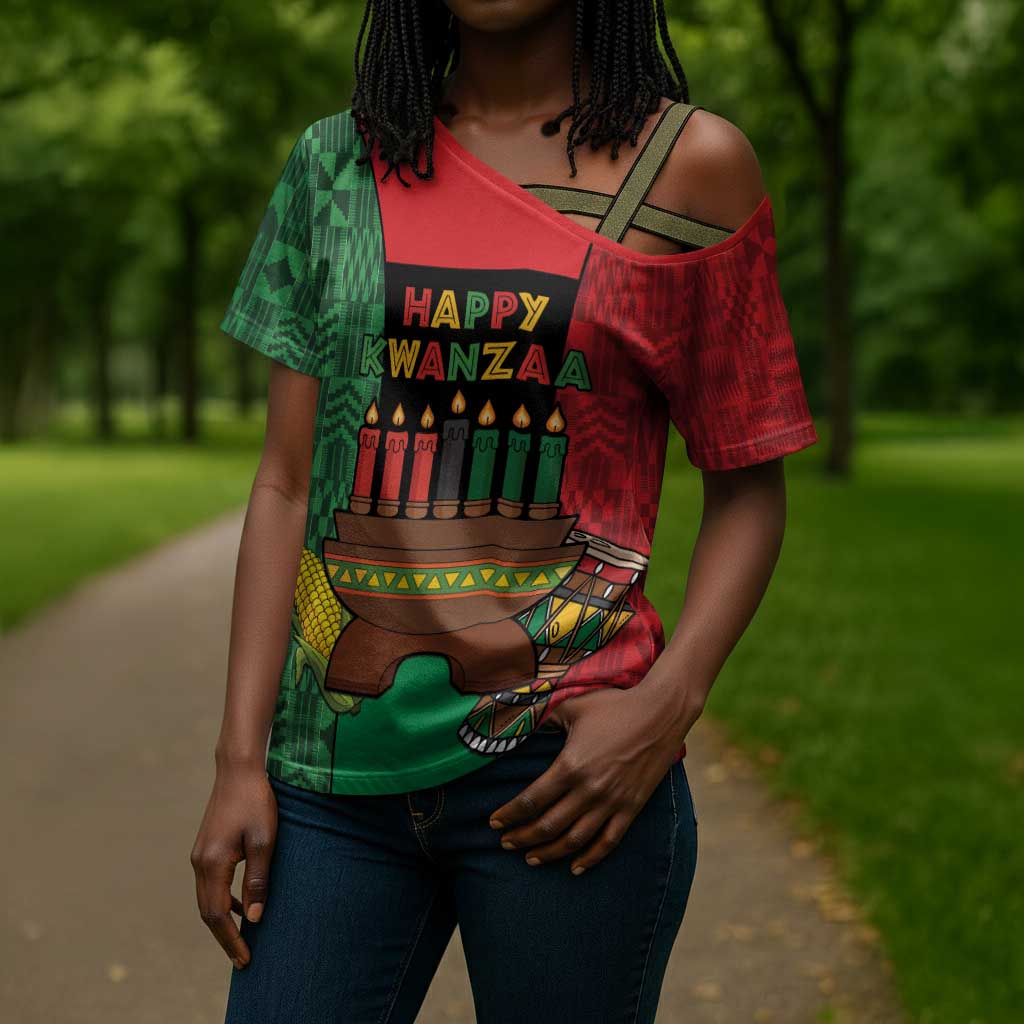 Personalized Happy Kwanzaa Cross Shoulder Shirt Kinara With Kente Pattern