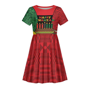 Personalized Happy Kwanzaa Holidays Kid Short Sleeve Dress Kente Pattern - African Pride