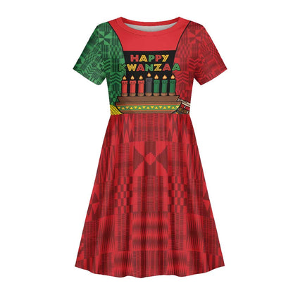 Personalized Happy Kwanzaa Holidays Kid Short Sleeve Dress Kente Pattern - African Pride