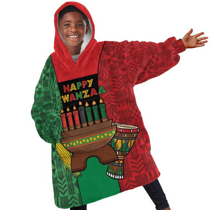 Personalized Happy Kwanzaa Holidays Kid Wearable Blanket Hoodie Kente Pattern - African Pride
