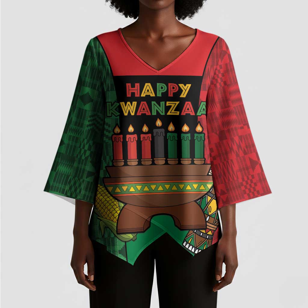 Personalized Happy Kwanzaa Kimono Sleeve Blouse Kinara With Kente Pattern