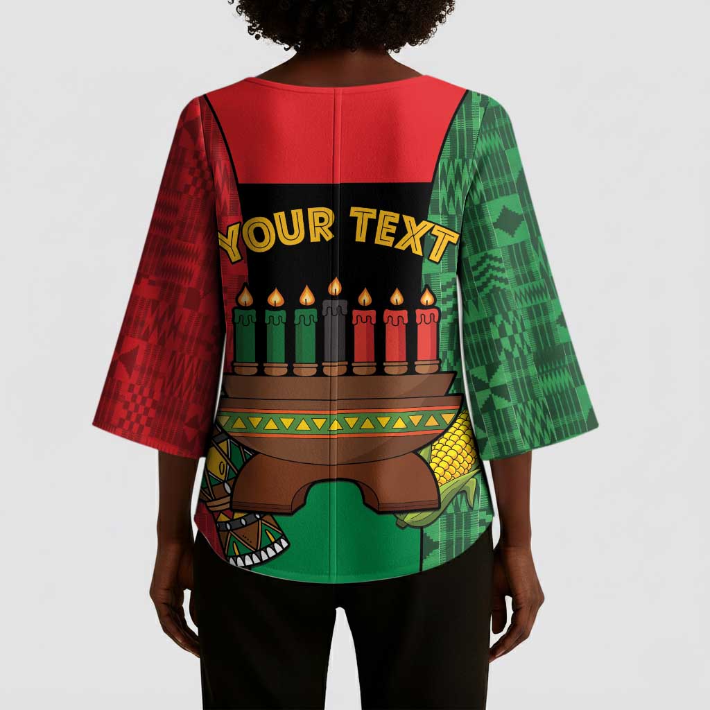 Personalized Happy Kwanzaa Kimono Sleeve Blouse Kinara With Kente Pattern