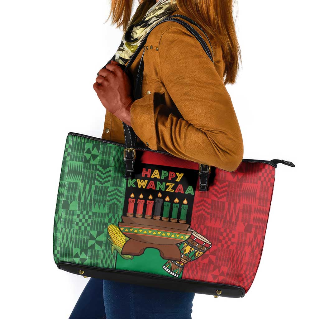 Happy Kwanzaa Holidays Leather Tote Bag Kente Pattern - African Pride