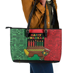 Happy Kwanzaa Holidays Leather Tote Bag Kente Pattern - African Pride