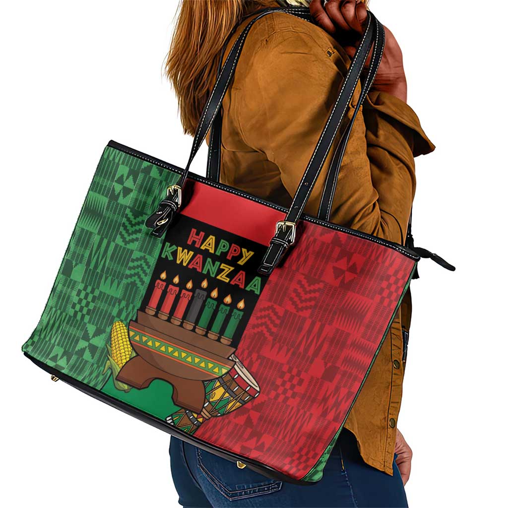 Happy Kwanzaa Holidays Leather Tote Bag Kente Pattern - African Pride