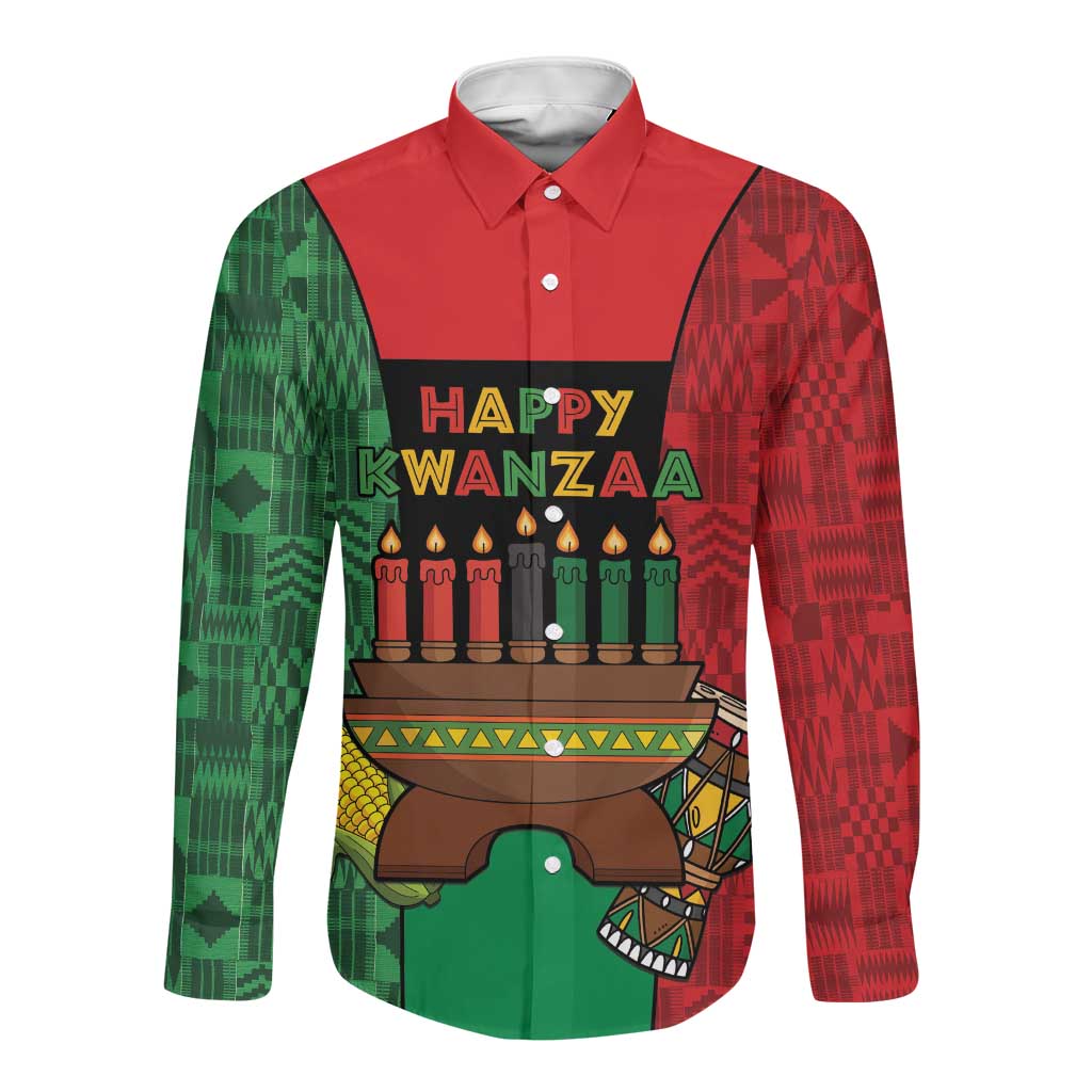 Personalized Happy Kwanzaa Holidays Long Sleeve Button Shirt Kente Pattern - African Pride