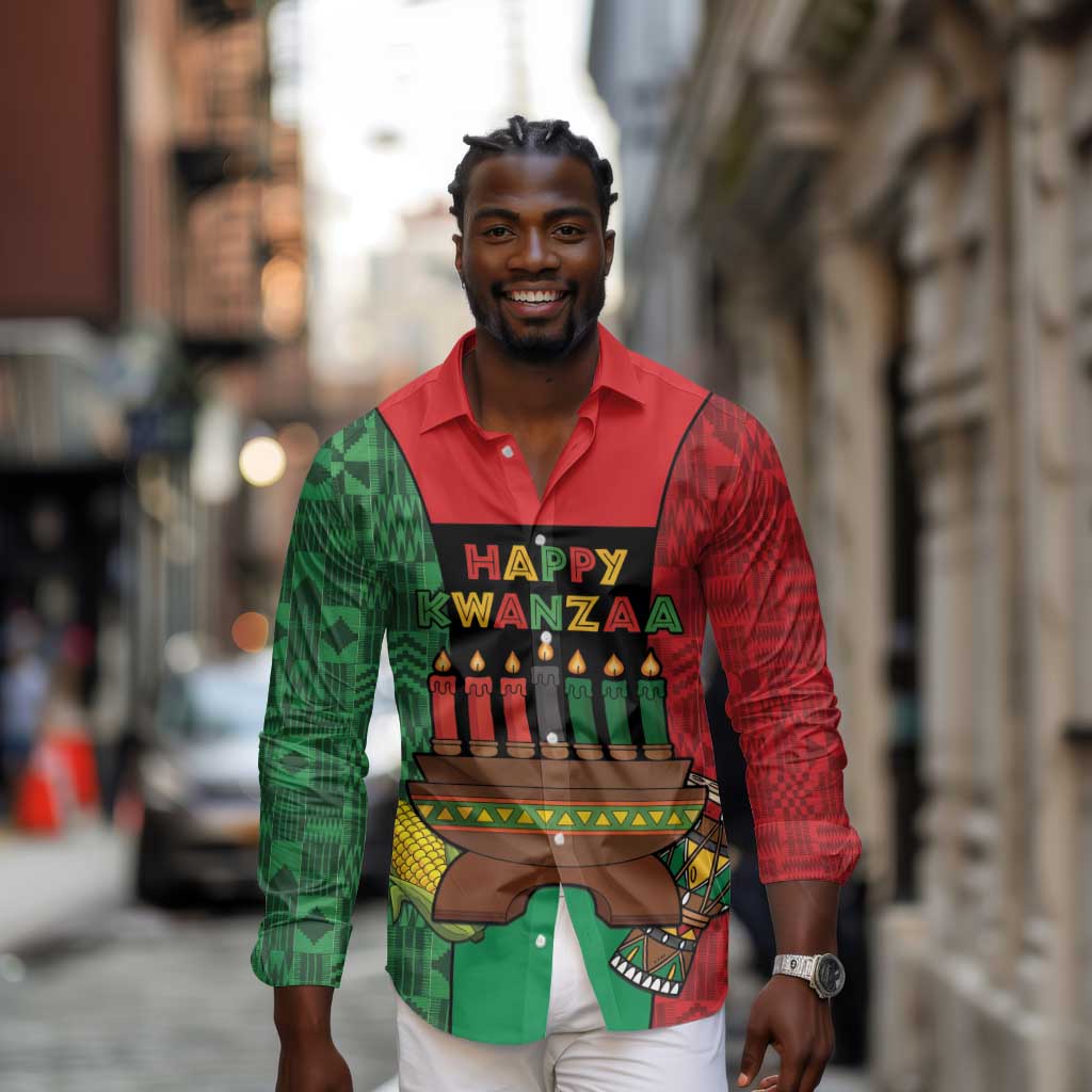 Personalized Happy Kwanzaa Holidays Long Sleeve Button Shirt Kente Pattern - African Pride