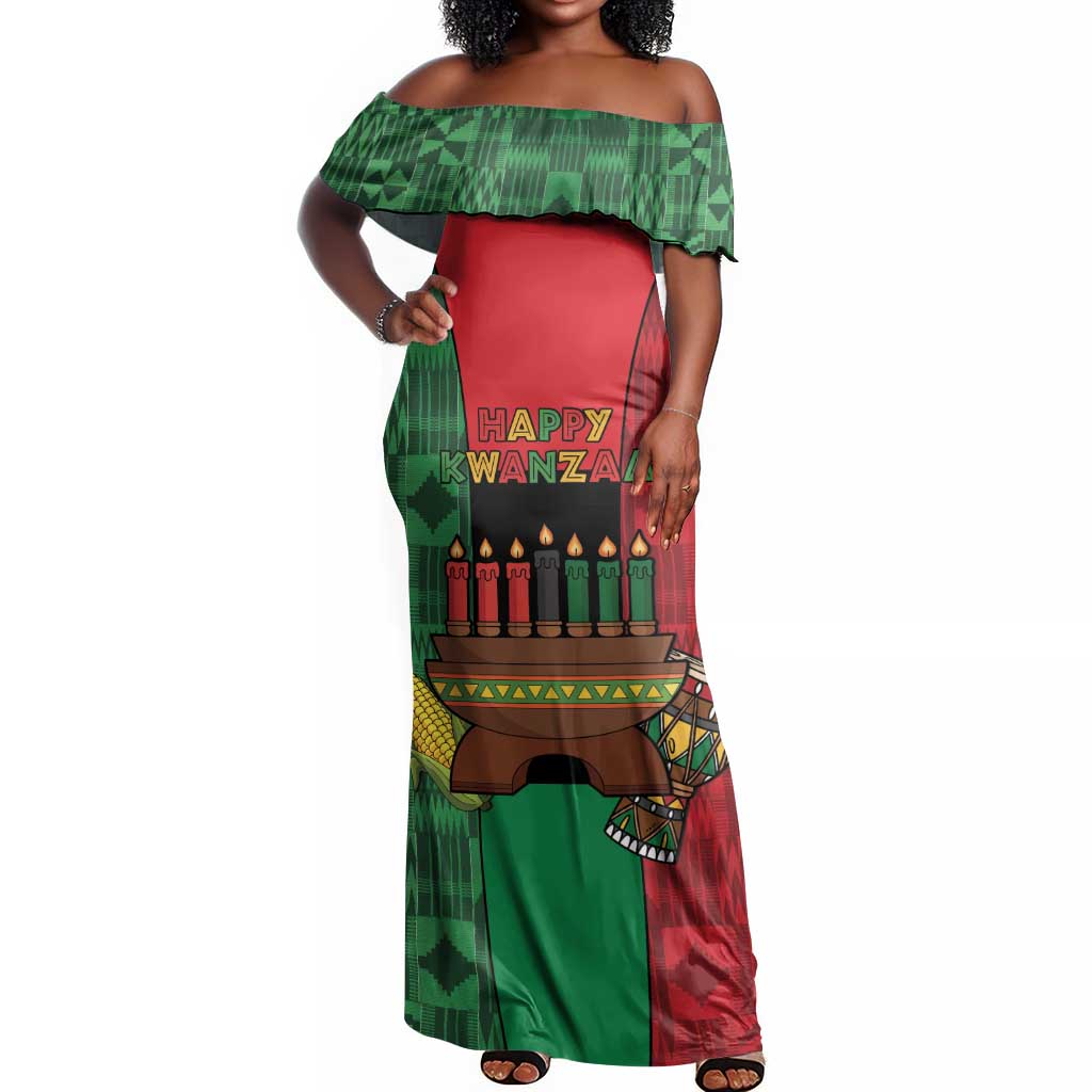 Personalized Happy Kwanzaa Holidays Off Shoulder Maxi Dress Kente Pattern - African Pride
