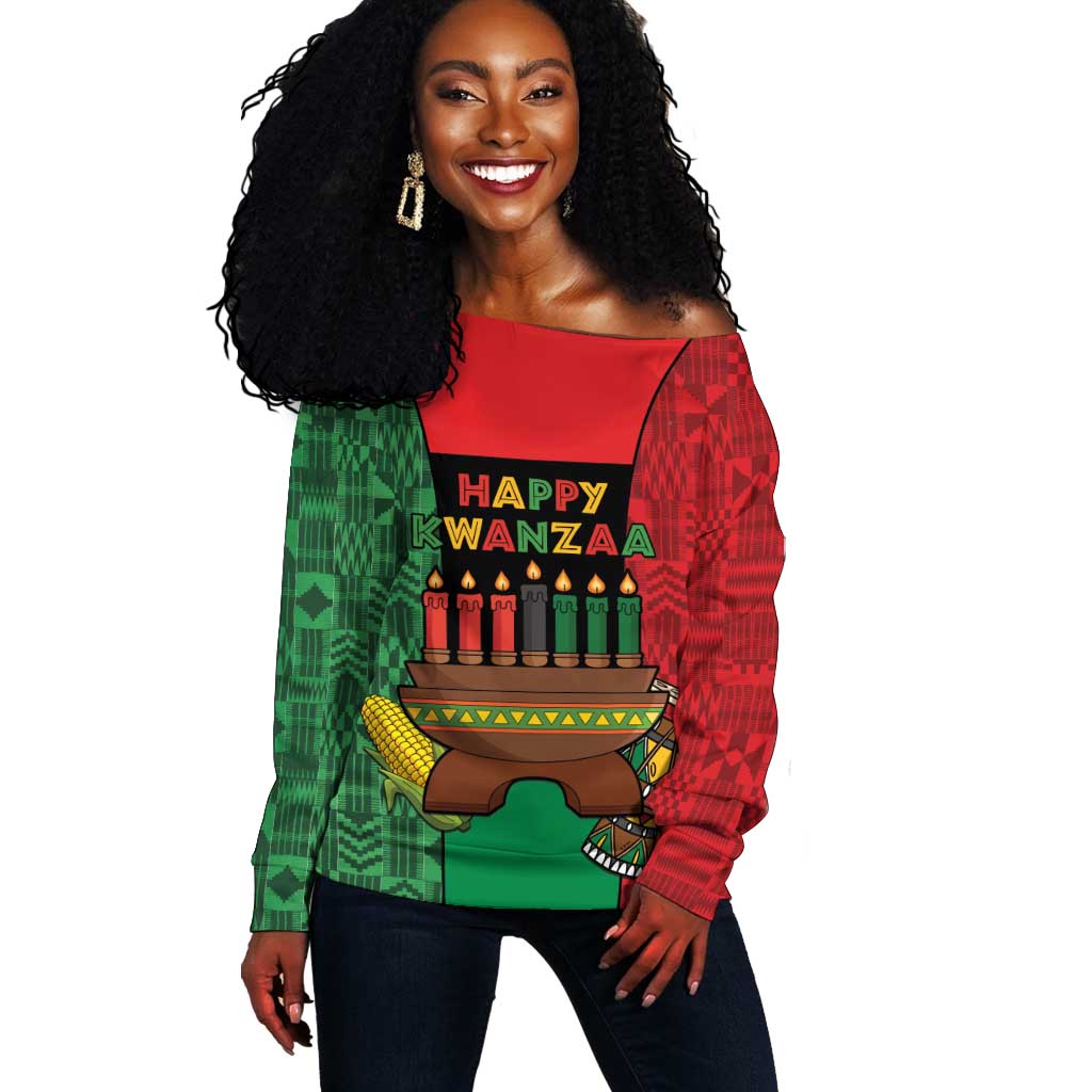 Personalized Happy Kwanzaa Holidays Off Shoulder Sweater Kente Pattern - African Pride