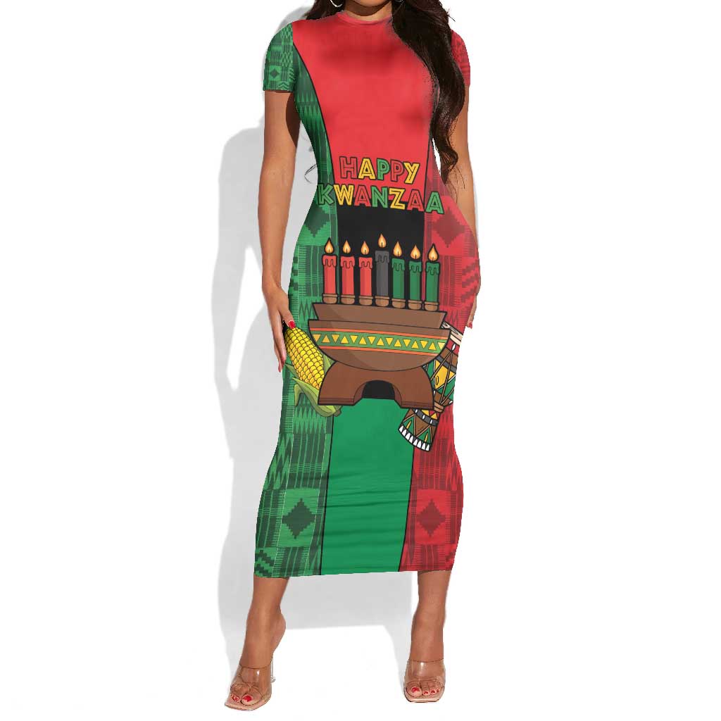 Personalized Happy Kwanzaa Holidays Short Sleeve Bodycon Dress Kente Pattern - African Pride