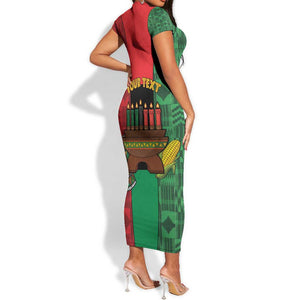Personalized Happy Kwanzaa Holidays Short Sleeve Bodycon Dress Kente Pattern - African Pride