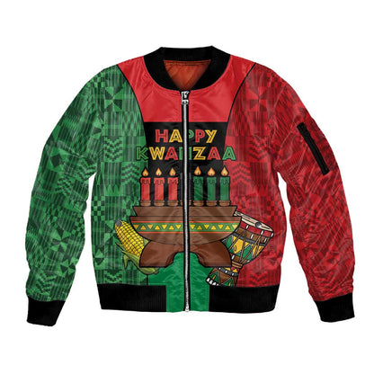 Personalized Happy Kwanzaa Holidays Sleeve Zip Bomber Jacket Kente Pattern - African Pride