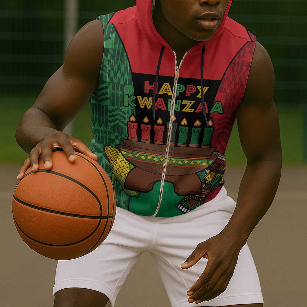 Personalized Happy Kwanzaa Holidays Sleeveless Zip Hoodie Kente Pattern - African Pride