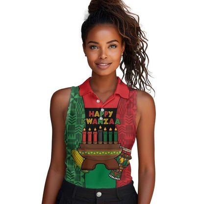 Personalized Happy Kwanzaa Holidays Women Sleeveless Polo Shirt Kente Pattern - African Pride