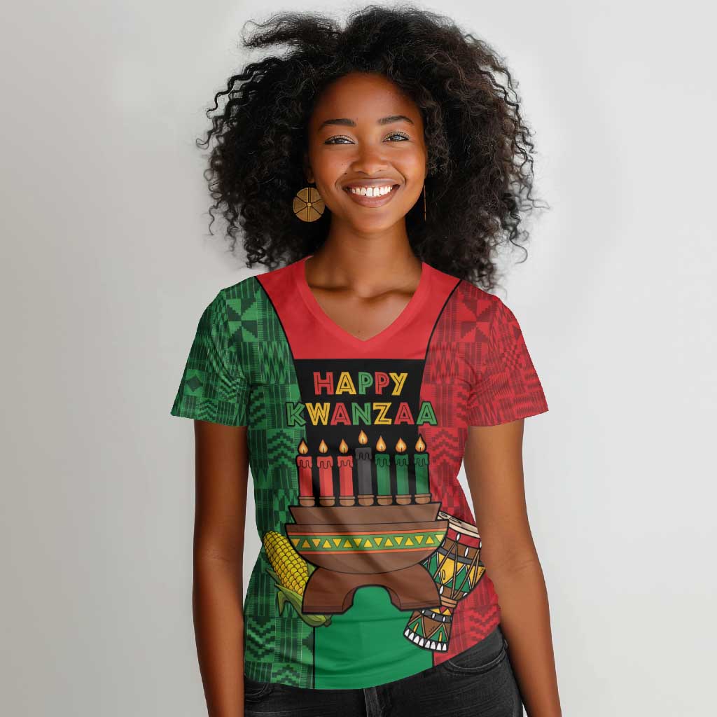 Personalized Happy Kwanzaa Holidays Women V-Neck T-Shirt Kente Pattern - African Pride