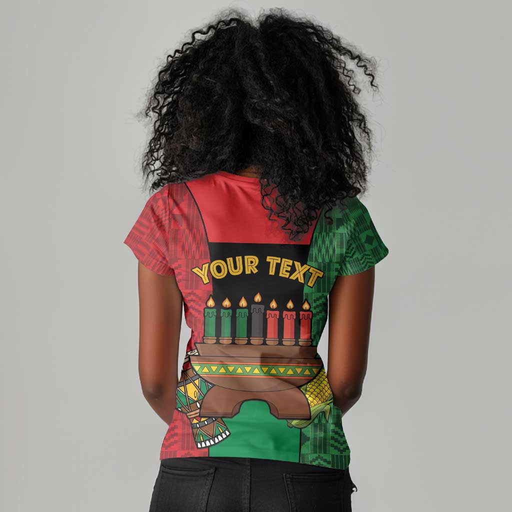Personalized Happy Kwanzaa Holidays Women V-Neck T-Shirt Kente Pattern - African Pride