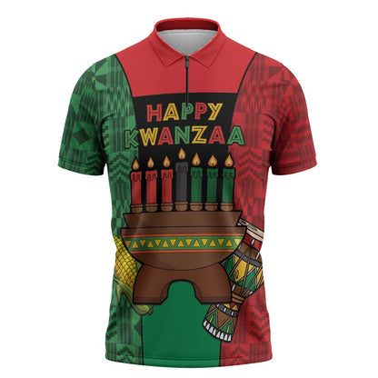 Personalized Happy Kwanzaa Zipper Polo Shirt Kinara With Kente Pattern