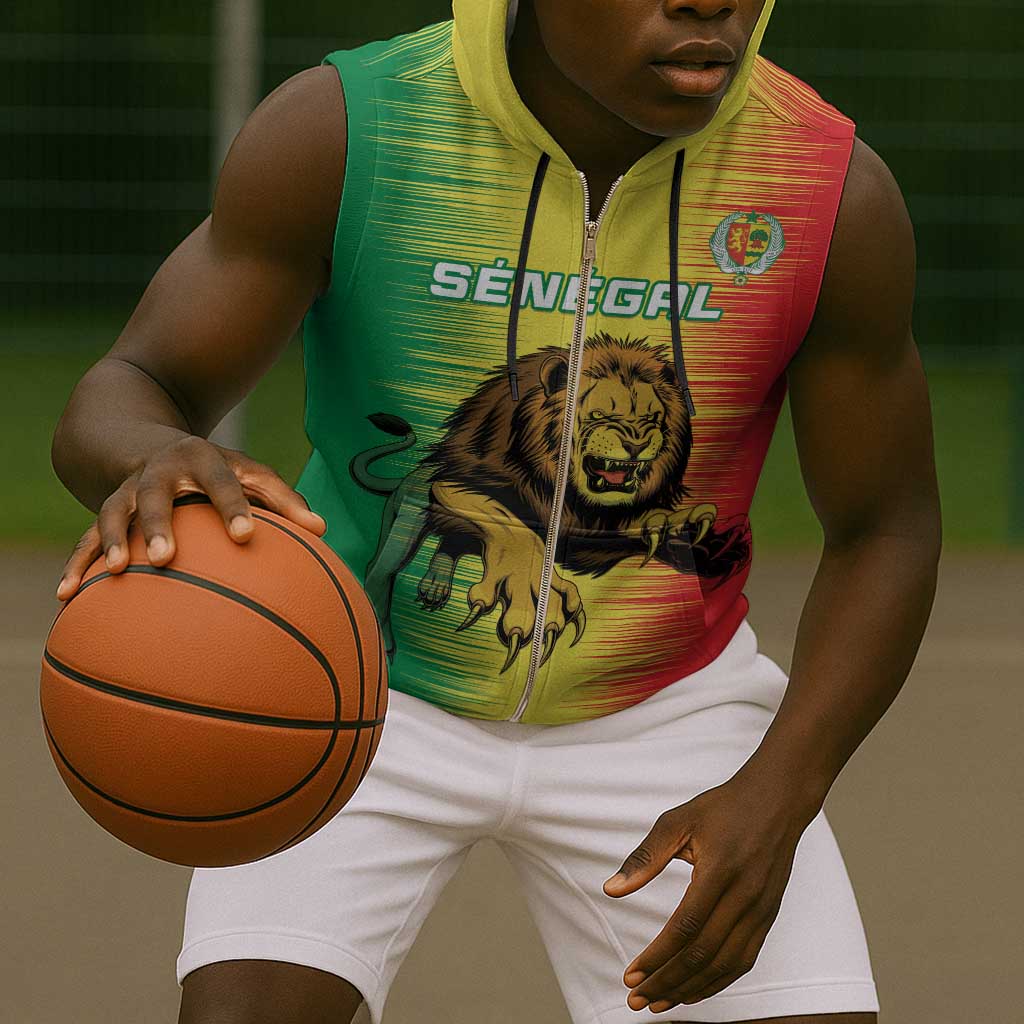 Custom Afro Senegal Football Sleeveless Zip Hoodie Lions of Teranga - Flag Style - African Pride
