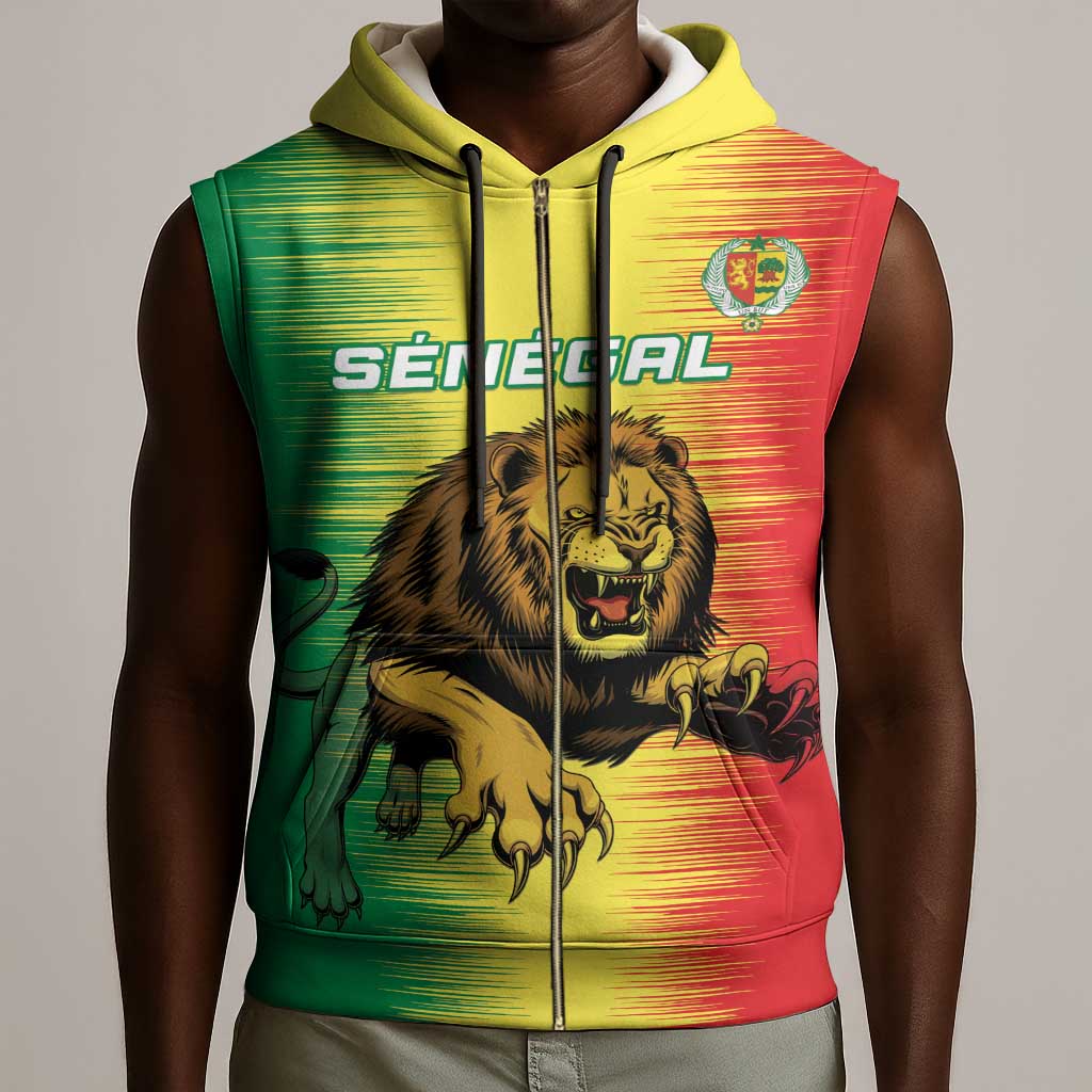 Custom Afro Senegal Football Sleeveless Zip Hoodie Lions of Teranga - Flag Style - African Pride