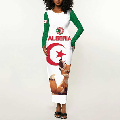 Custom Algeria Football Long Sleeve Bodycon Dress Fennec Foxes With Islamic Pattern LT15
