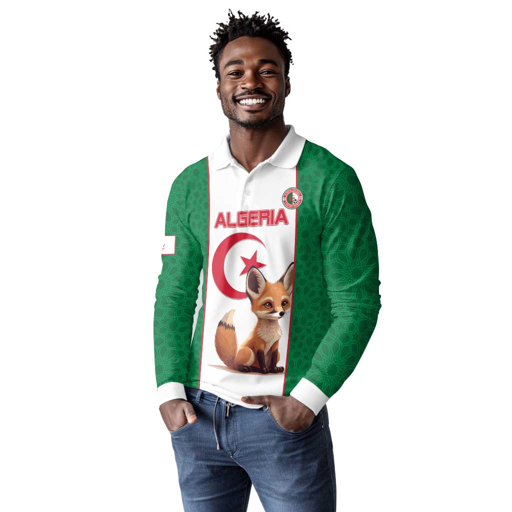 Custom Algeria Football Long Sleeve Polo Shirt Fennec Foxes With Islamic Pattern